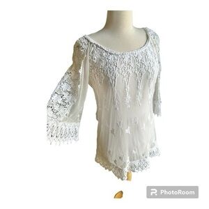 XCVI white crochet lace mini tunic top medium